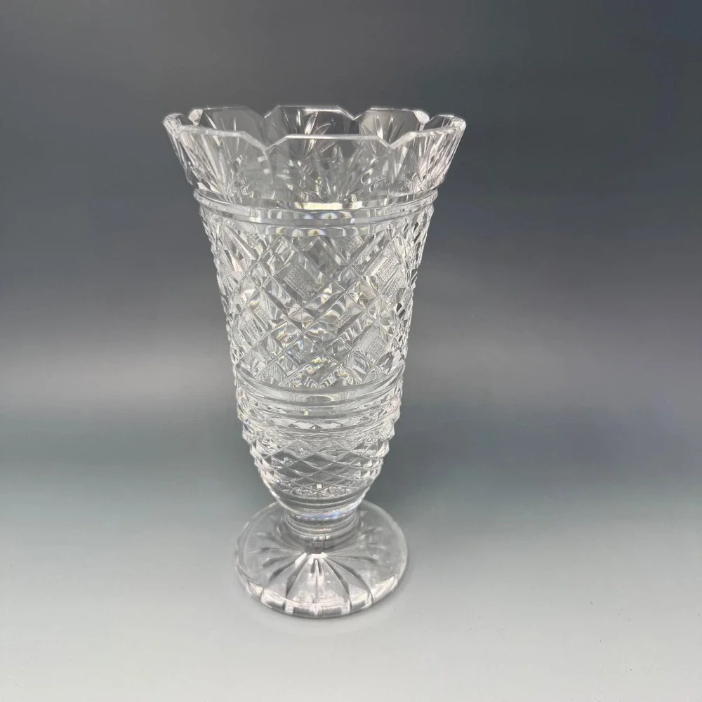 Vintage Cut Crystal Footed Vase Clear Glass Diamond Pattern Scalloped Rim 8 Inch